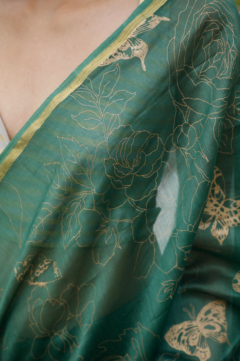 Handwoven Handprinted  Aquamarine Chanderi Saree